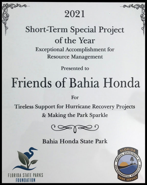 2021 Exceptional Accomplishment Award received from the State of Florida and Florida State Parks. Image